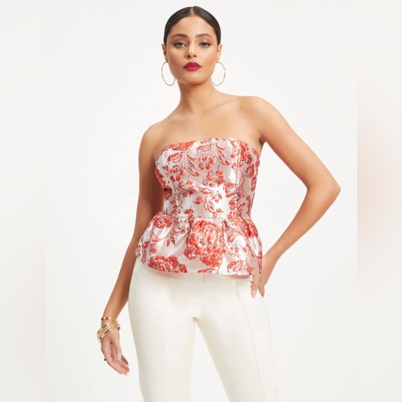 NWOT DREAMING OF VERSAILLES JACQUARD STRAPLESS PEPLUM TOP - ORANGE - Picture 1 of 8